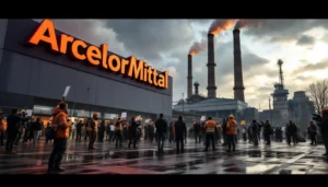 Site industriel ArcelorMittal avec salariés en manifestation et usine en arrière-plan