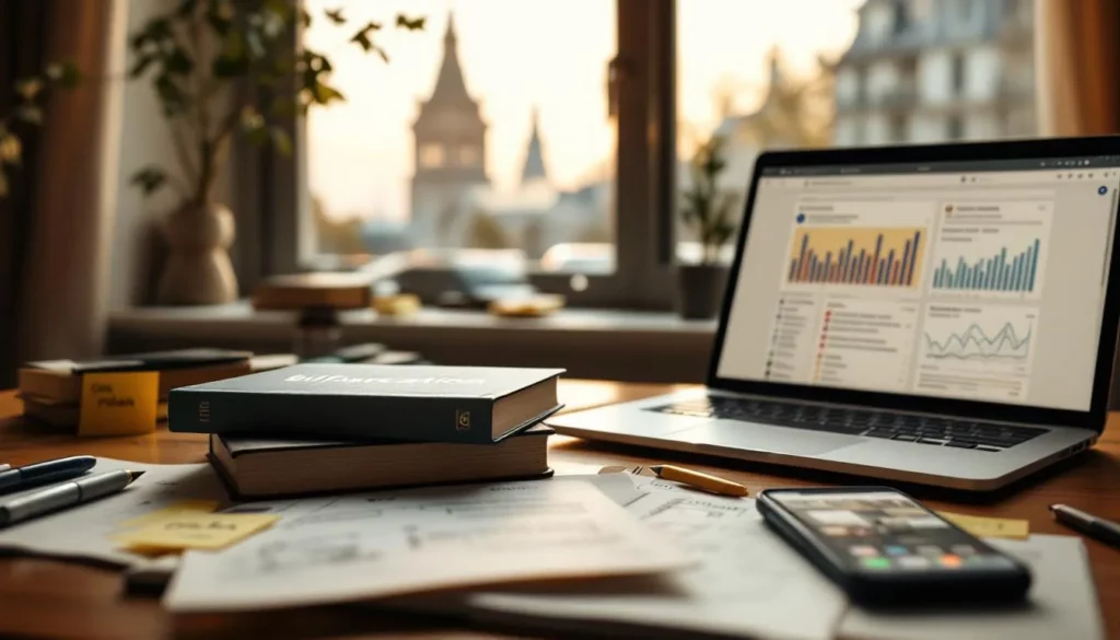 Table de travail avec le livre 'Bifurcation', ordinateur affichant des flux sociaux et notes 'OODA' — illustration de la guerre de l'influence