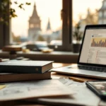 Table de travail avec le livre 'Bifurcation', ordinateur affichant des flux sociaux et notes 'OODA' — illustration de la guerre de l'influence