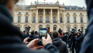 Assemblée nationale, parvis animé par journalistes et smartphones lors du colloque « Influences »