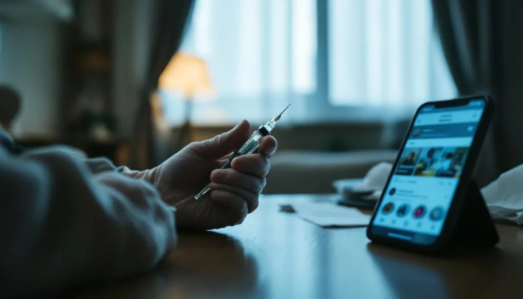 Injection clandestine dans un appartement : mains gantées tenant une seringue, smartphone en arrière-plan montrant un profil Instagram