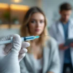 Consultation pour complications d'injection en cabinet médical, seringue au premier plan