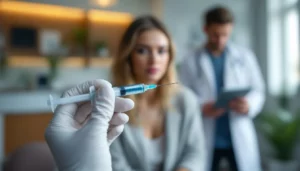 Consultation pour complications d'injection en cabinet médical, seringue au premier plan