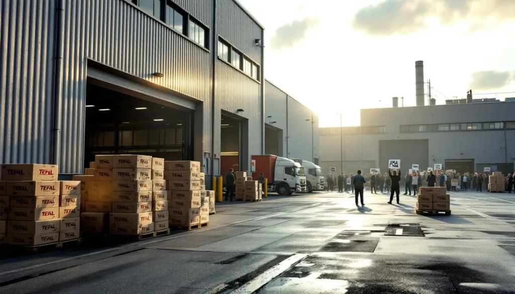 Façade d'usine d'ustensiles, palettes Tefal et camions sur le parvis, ambiance documentaire