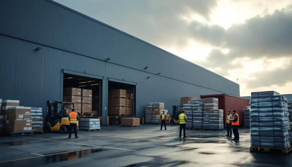Usine d’ustensiles européenne, quai de chargement animé avec palettes et conteneur — photo documentaire