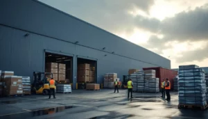 Usine d’ustensiles européenne, quai de chargement animé avec palettes et conteneur — photo documentaire