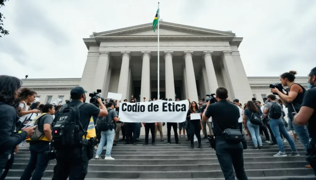 Manifestation et journalistes devant le Palais du STF à Brasilia, banderoles 'Código de Ética' et foule en arrière-plan