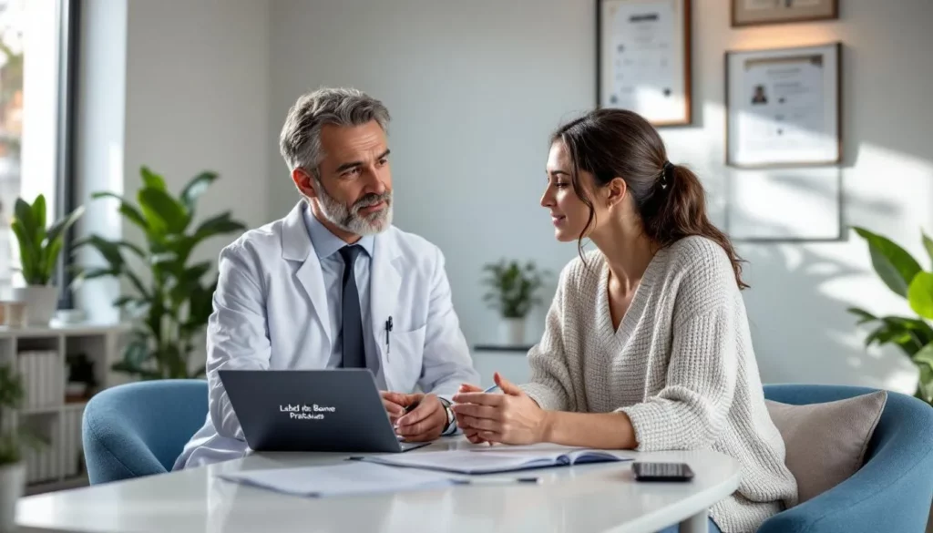 Intérieur de clinique de médecine esthétique avec consultation et dossier 'Bonnes Pratiques' sur le bureau