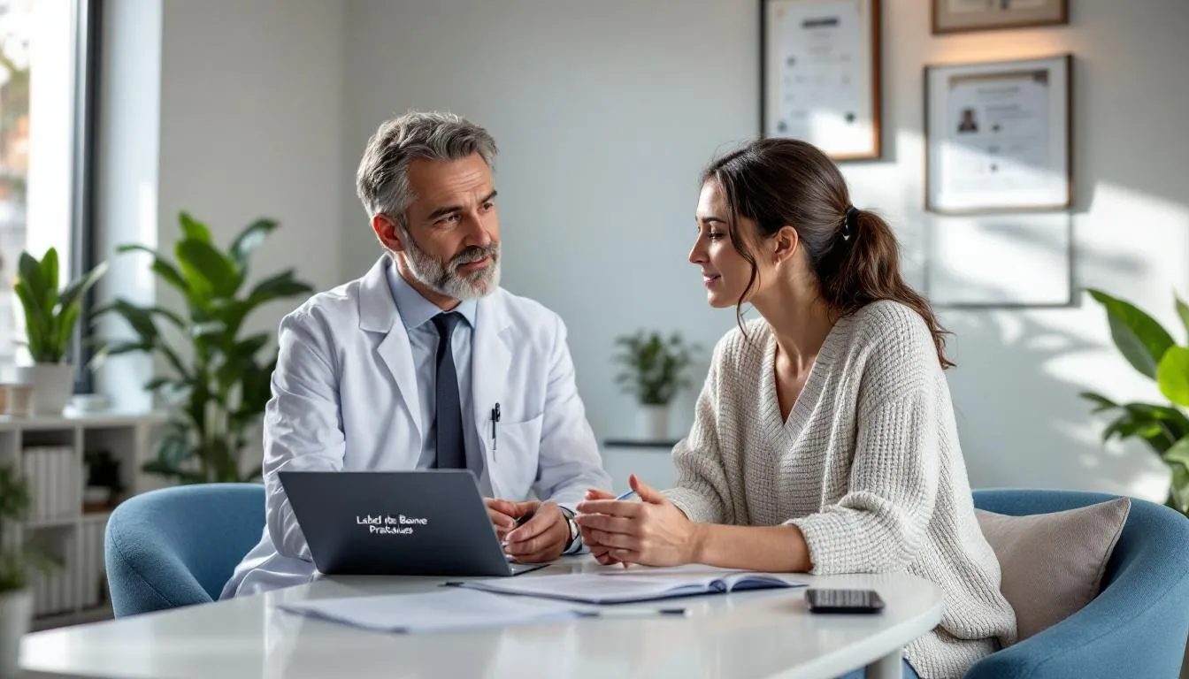 Intérieur de clinique de médecine esthétique avec consultation et dossier 'Bonnes Pratiques' sur le bureau