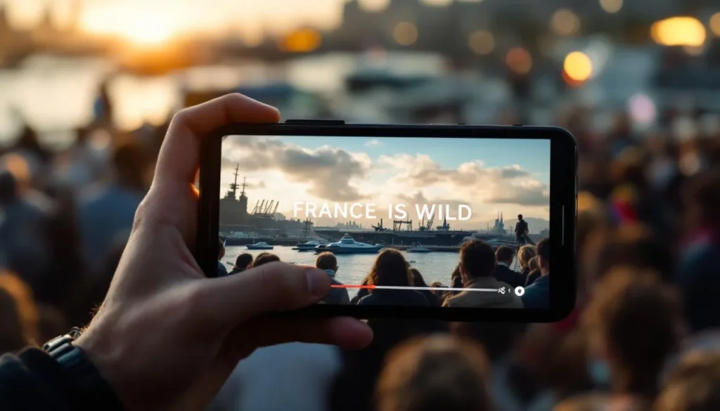 Smartphone affichant le clip « France is Wild » sur fond d'images de puissance française (porte-avions, Rafale, Ariane) et d'une foule polarisée avec drapeaux tricolores