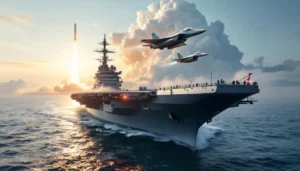 Montage éditorial : porte-avions Charles de Gaulle, Rafale en vol, lancement Ariane 6 à l’horizon