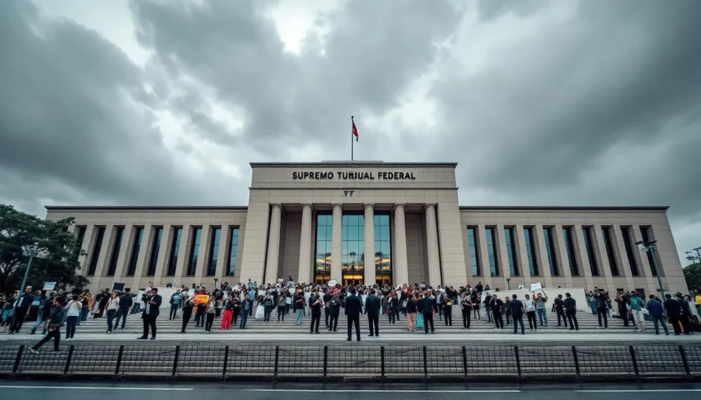 Parvis du Supremo Tribunal Federal à Brasilia, manifestants et journalistes