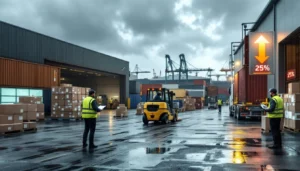 Quai de chargement industriel avec conteneurs et contrôles douaniers illustrant la guerre commerciale