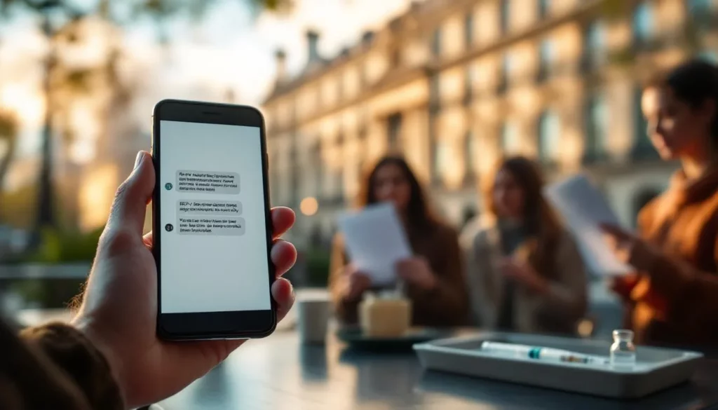 Palais Bourbon en arrière-plan, smartphone montrant messages privés sur injections et manifestantes floues