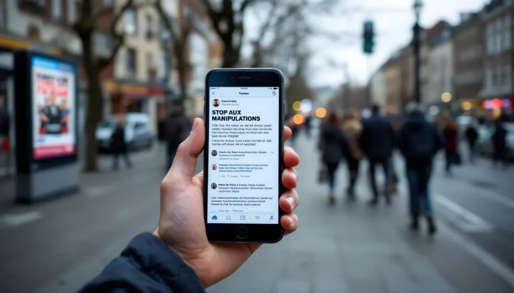 Smartphone affichant un post Facebook 'STOP AUX MANIPULATIONS' devant affiches de campagne 'La force d'agir' et passants flous à Villepinte