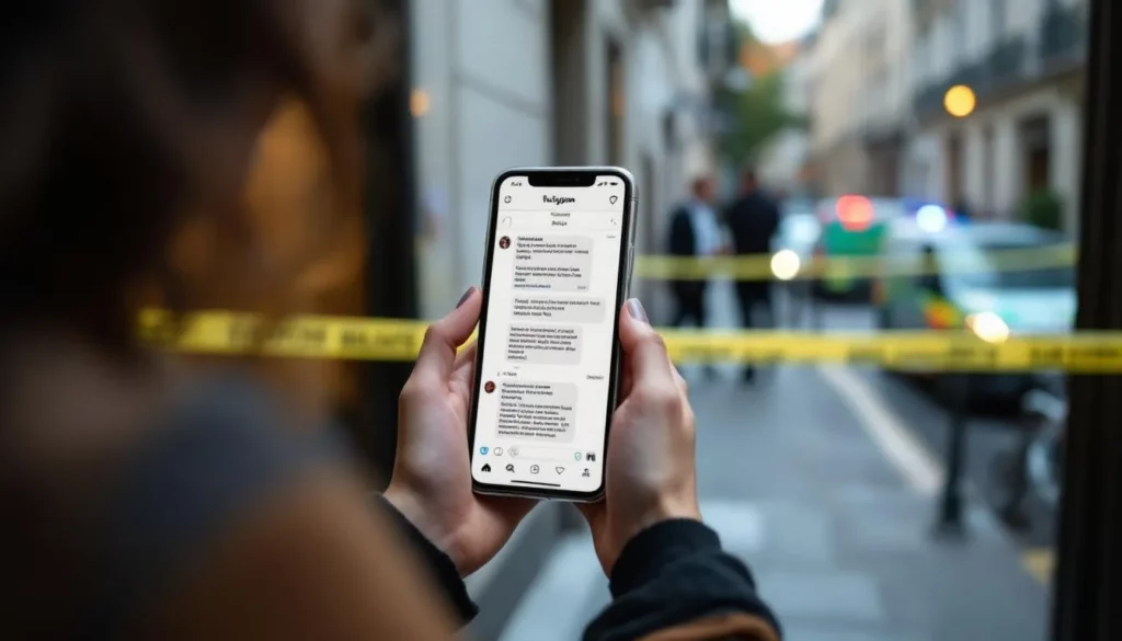 Villeurbanne — smartphone montrant une conversation Instagram sur des injections et entrée d’un Airbnb avec présence policière en arrière-plan