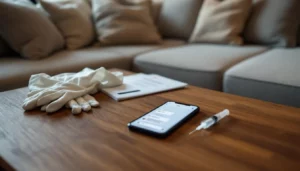 Intérieur d'appartement Airbnb après une injection clandestine : téléphone avec messages Instagram, seringue et flacon d'acide hyaluronique sur la table
