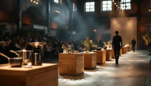 Runway éditorial présentant des produits Groupe SEB sur des socles, ambiance usine rénovée et public attentif