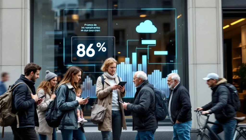 Citoyens inquiets devant bâtiment administratif, visuels cloud et chiffre 86 %