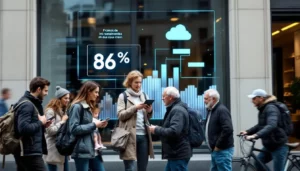 Citoyens inquiets devant bâtiment administratif, visuels cloud et chiffre 86 %
