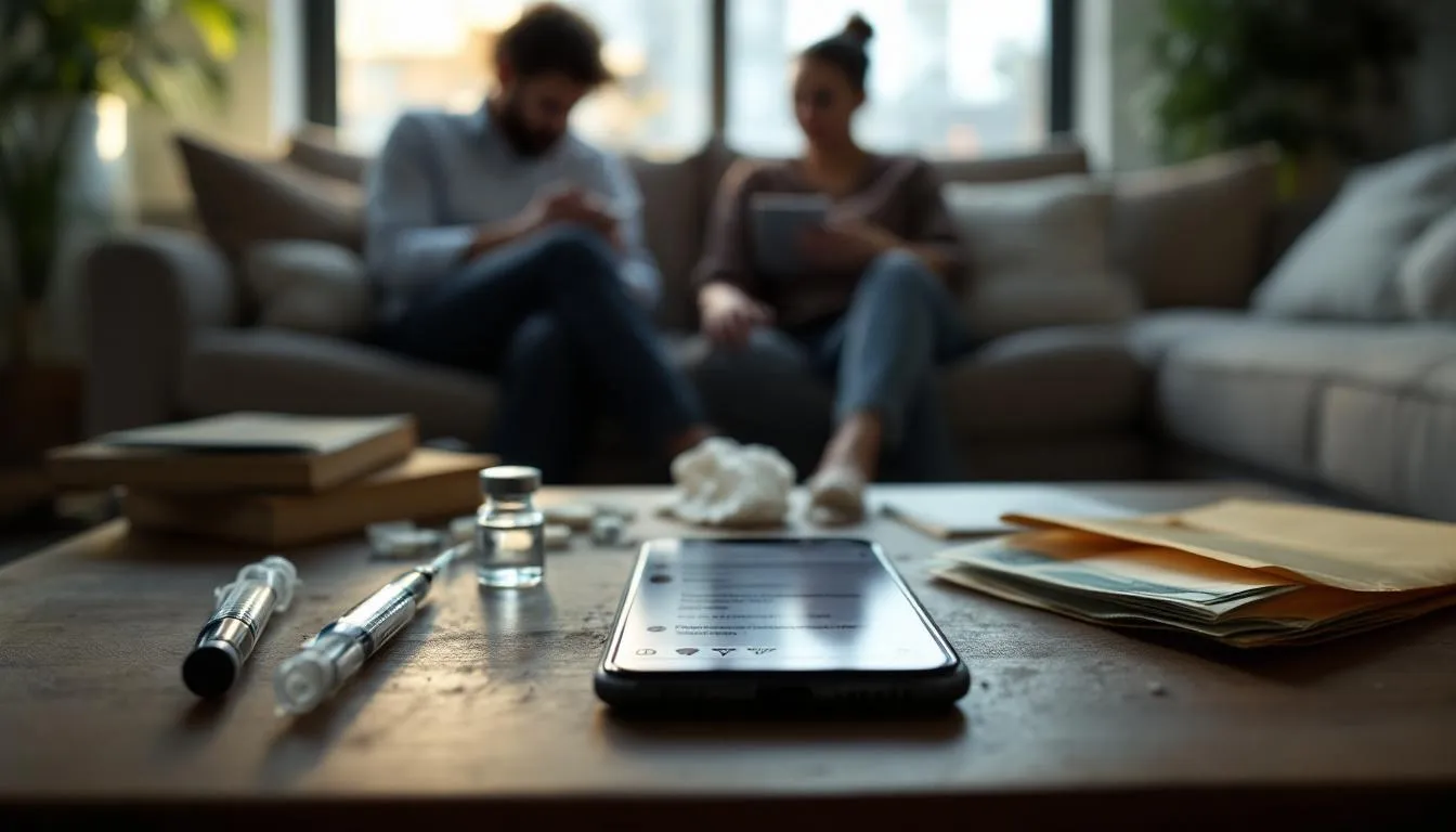 Appartement clandestin pour injections esthétiques, table avec seringues, flacons et téléphone affichant Instagram