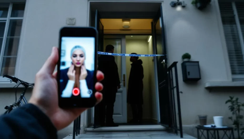 Façade d'immeuble et entrée barrée par une bande de police, smartphone montrant une vidéo d'injection floutée au premier plan, ambiance documentaire