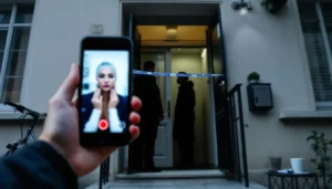 Façade d'immeuble et entrée barrée par une bande de police, smartphone montrant une vidéo d'injection floutée au premier plan, ambiance documentaire