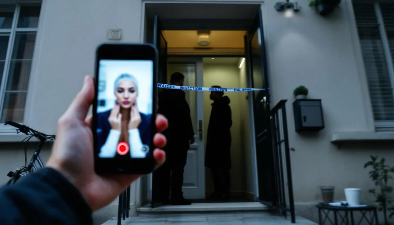 Façade d'immeuble et entrée barrée par une bande de police, smartphone montrant une vidéo d'injection floutée au premier plan, ambiance documentaire