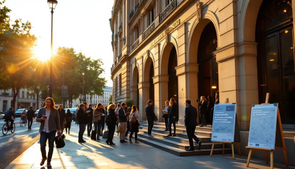 Entrée du Théâtre de l'Alliance Française à Paris, parvis animé lors du colloque « Géopolitique du numérique », bannière et participants
