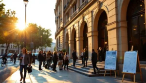 Entrée du Théâtre de l'Alliance Française à Paris, parvis animé lors du colloque « Géopolitique du numérique », bannière et participants