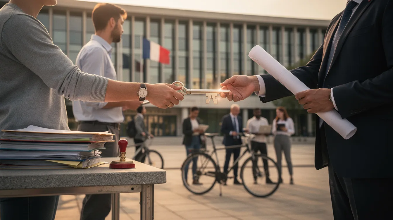 Parvis d’un bâtiment public avec une clé symbolique tendue entre un entrepreneur et un représentant de l’État, drapeau français en arrière-plan