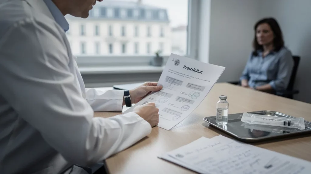 Consultation médicale avec document « Prescription », flacon et seringue sur un bureau, arrière-plan évoquant un bâtiment administratif — débat sur la prescription du botox