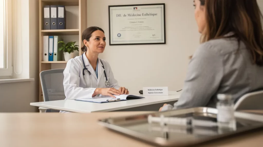 Consultation de médecine esthétique en cabinet, médecin en blouse et diplôme DIU visible sur le mur