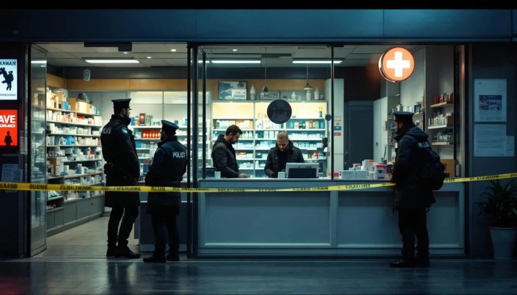 Devanture de pharmacie scellée par la police, pharmacien inquiet et patients en arrière-plan