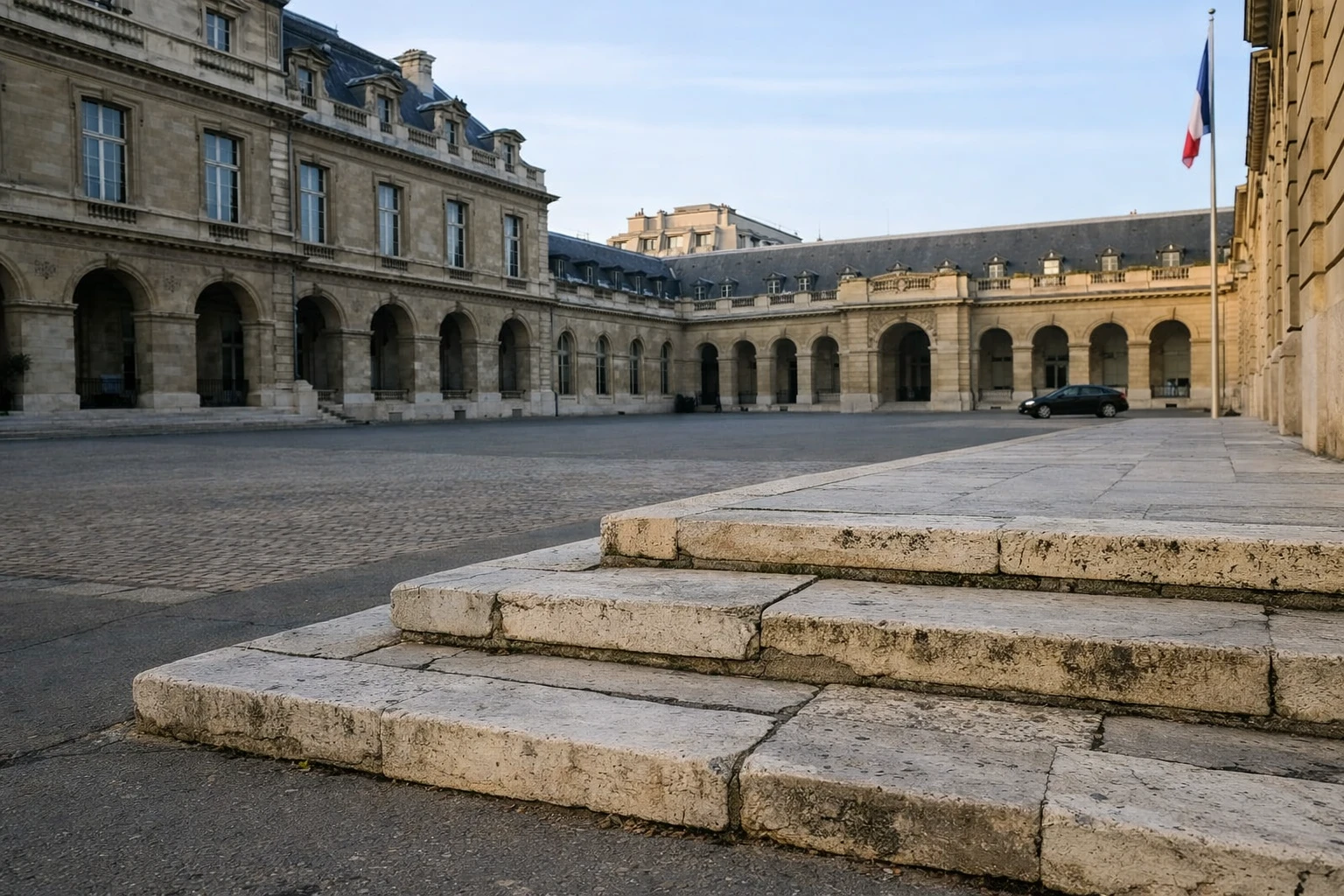 Cour du ministère français des Armées à Paris, façade de pierre et drapeau tricolore partiel en contexte institutionnel.