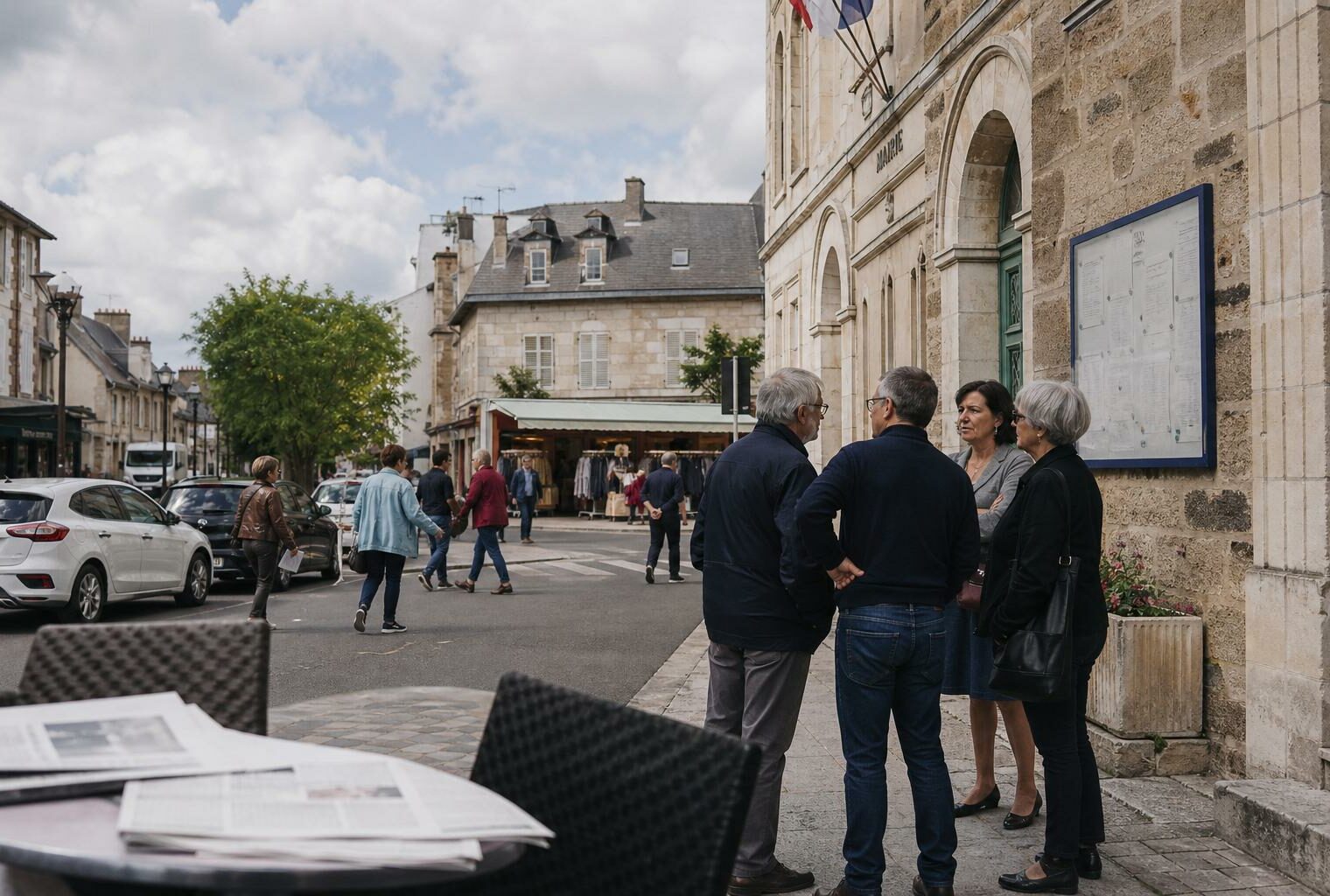 Une scène de rue dans une ville française, près de la mairie et du marché, avec des habitants anonymes en journée.