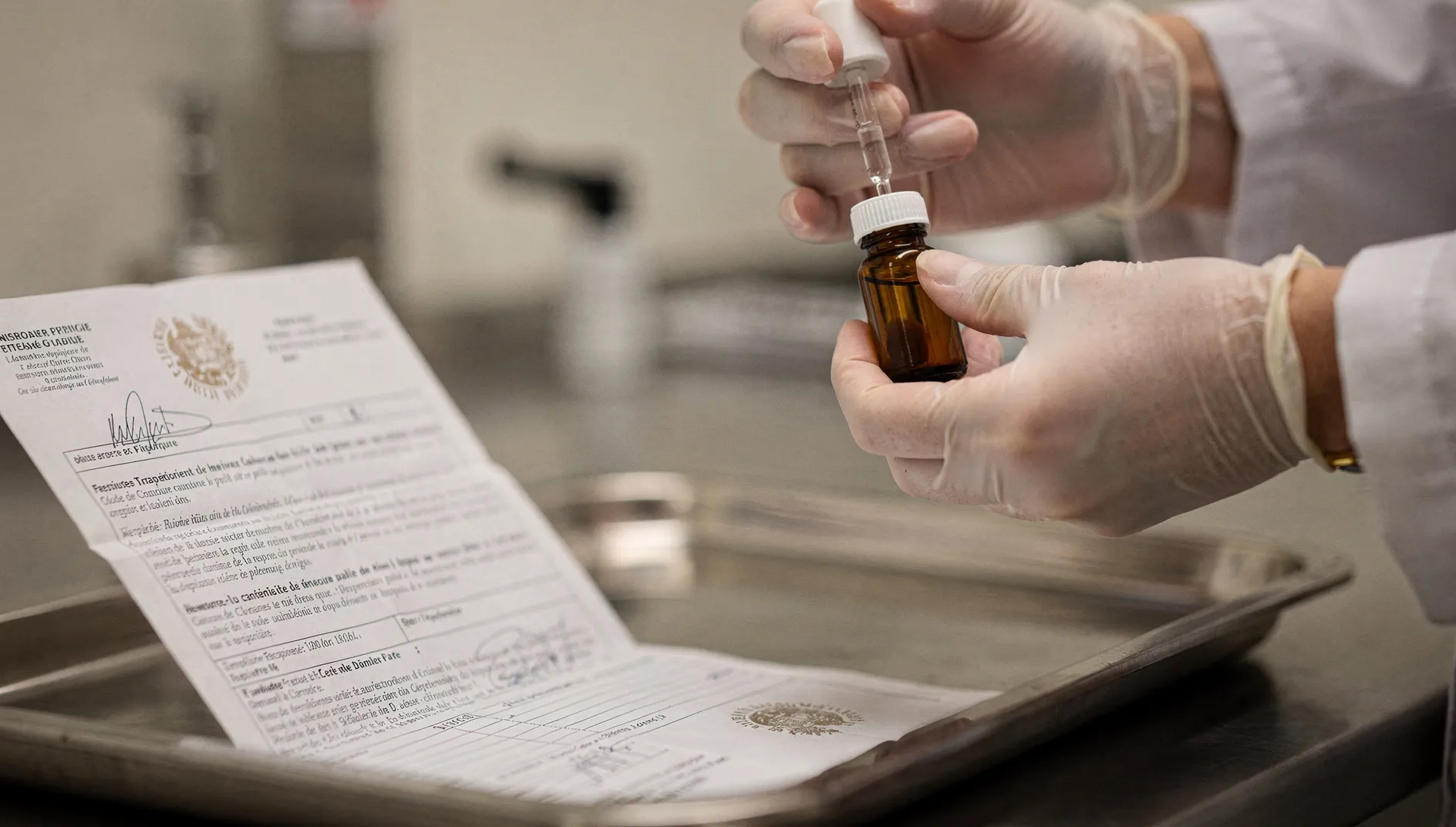 Close-up of a healthcare professional preparing a medical vial with a prescription and embossed administrative seal, clinical macro scene