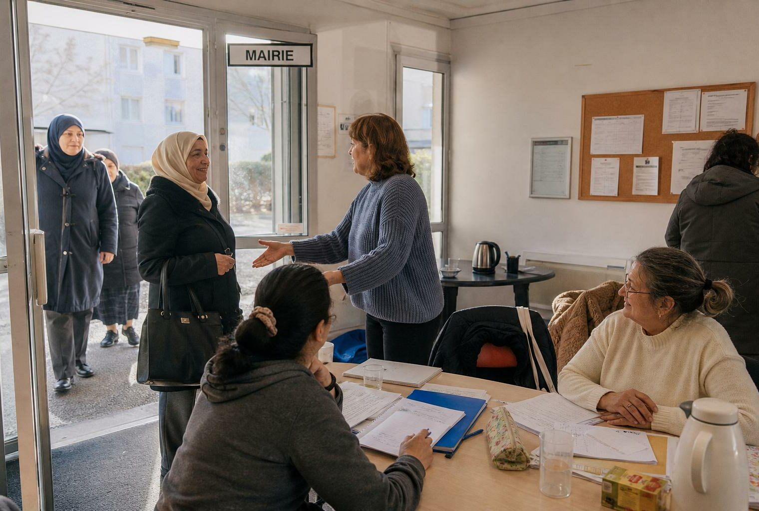 Dans un centre associatif de banlieue, des adultes anonymes participent à un atelier d’aide et de langue française.