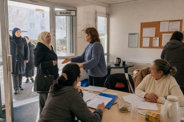 Dans un centre associatif de banlieue, des adultes anonymes participent à un atelier d’aide et de langue française.
