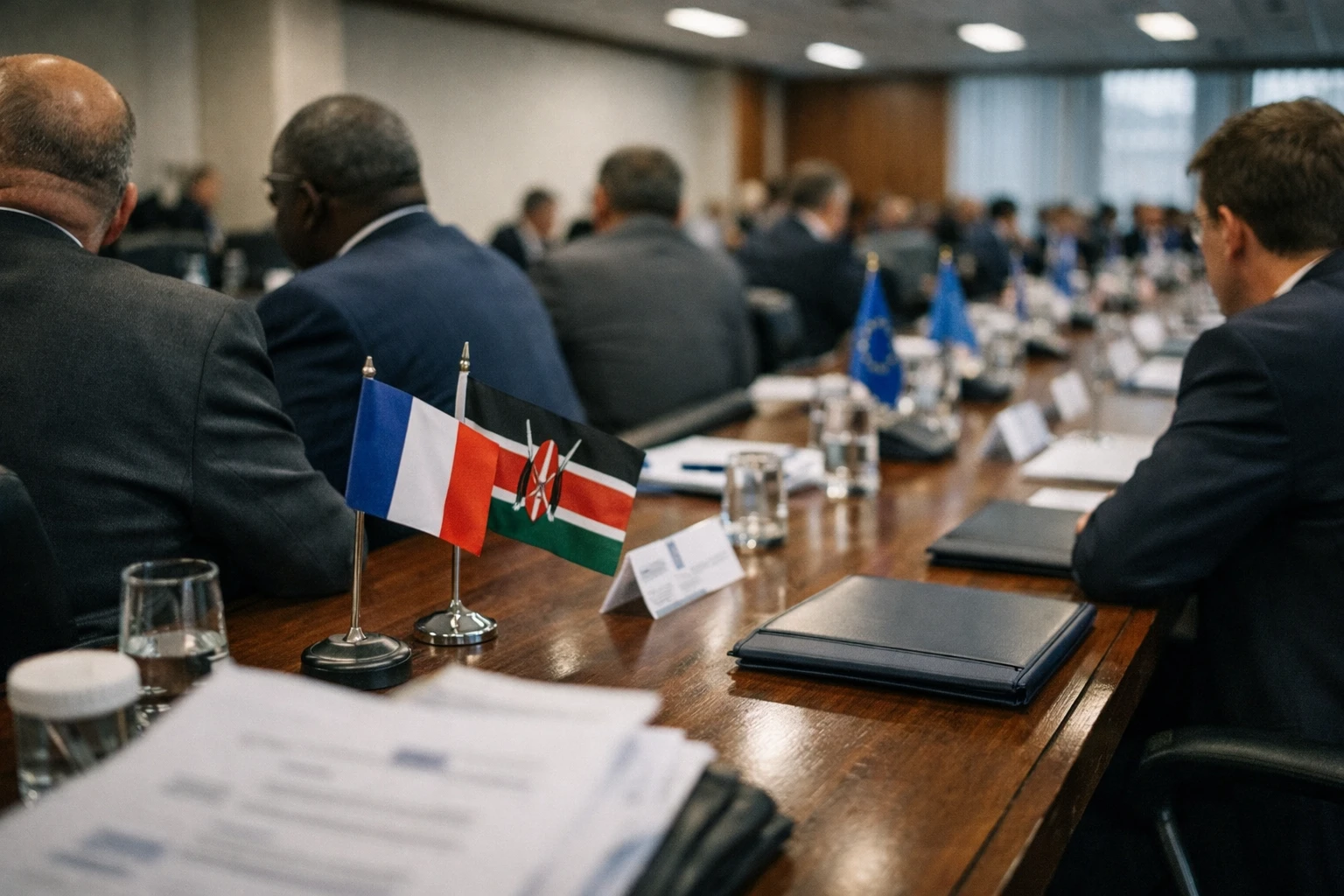 Réunion de sommet diplomatique à Nairobi avec petits drapeaux français et kényan autour d’une table de négociation