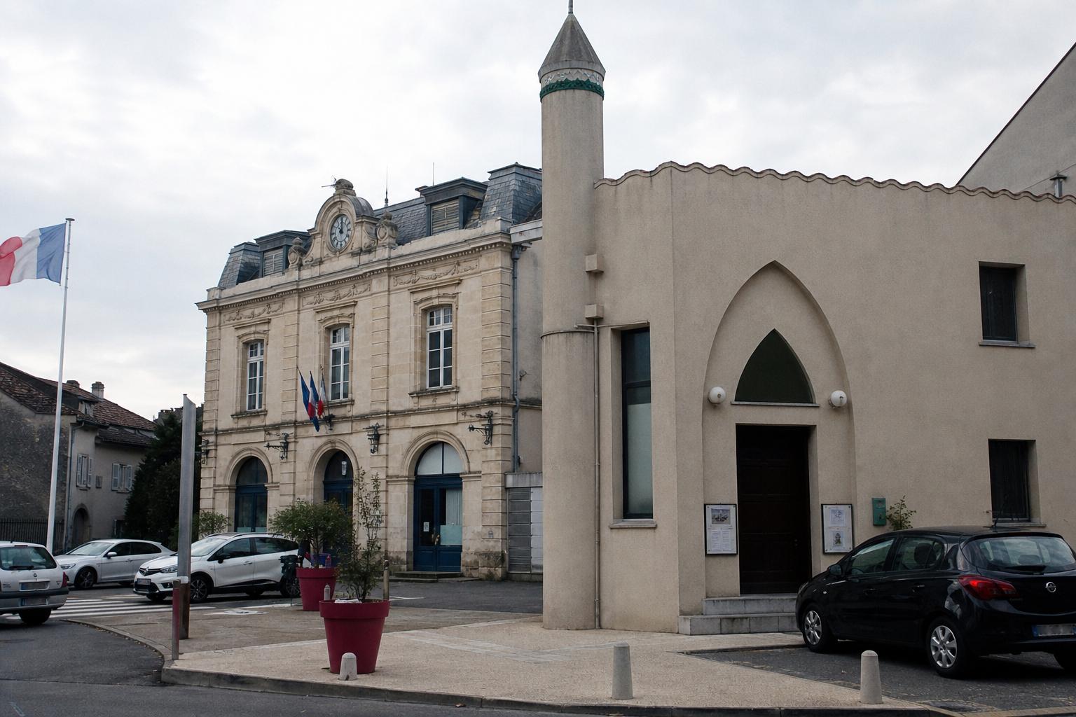 Photo de presse d’une place d’Agen avec la mairie et une mosquée de quartier, dans une ambiance calme et documentaire.
