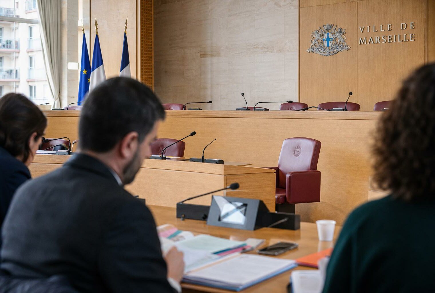 Salle municipale de Marseille avec micros, dossiers flous et chaise vide lors d’un contexte politique tendu.