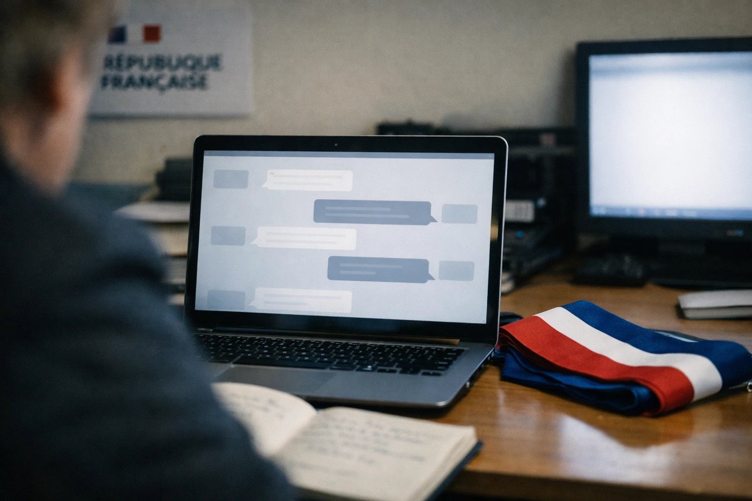 Vue en plongée légère d’un écran de chatbot dans une permanence de campagne présidentielle, avec ordinateur, carnet flou et écharpe tricolore.