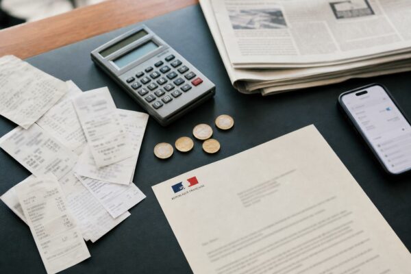 Flat lay journalistique d’un bureau administratif français avec reçus de carburant, calculatrice, pièces et courrier officiel anonymisé.