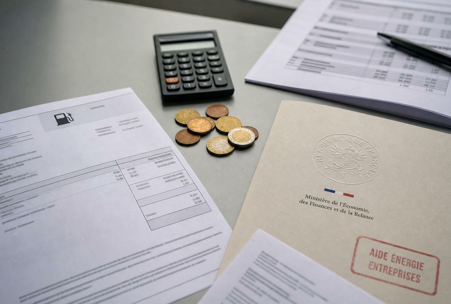 Vue de dessus d’un bureau avec facture de carburant, calculatrice, pièces et document officiel français pour illustrer les aides ciblées.