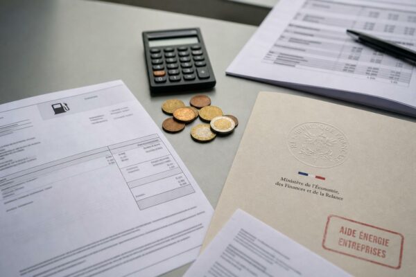 Vue de dessus d’un bureau avec facture de carburant, calculatrice, pièces et document officiel français pour illustrer les aides ciblées.