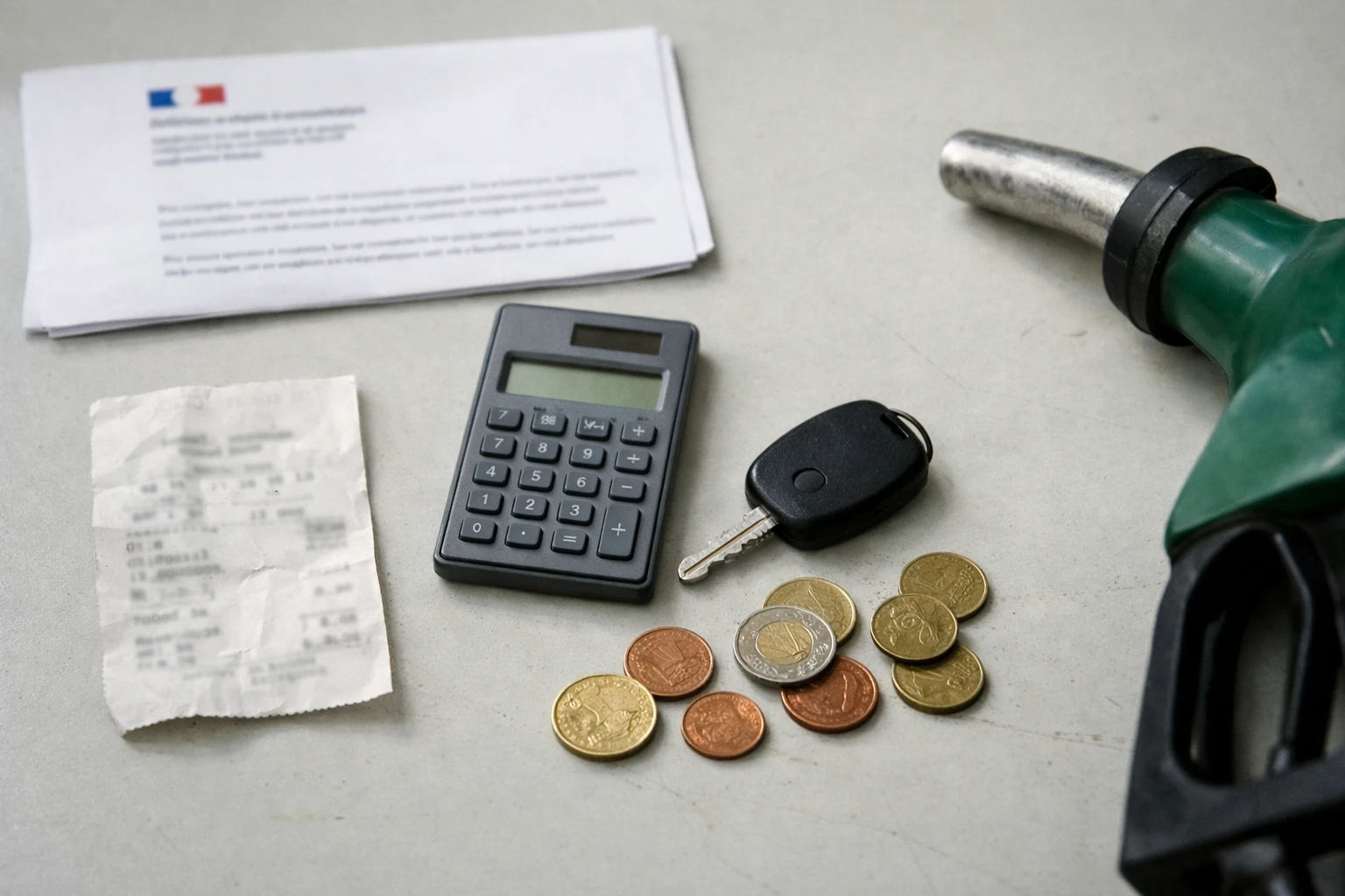 Vue en plongée d’un budget carburant avec ticket, calculatrice, pièces et document institutionnel flou