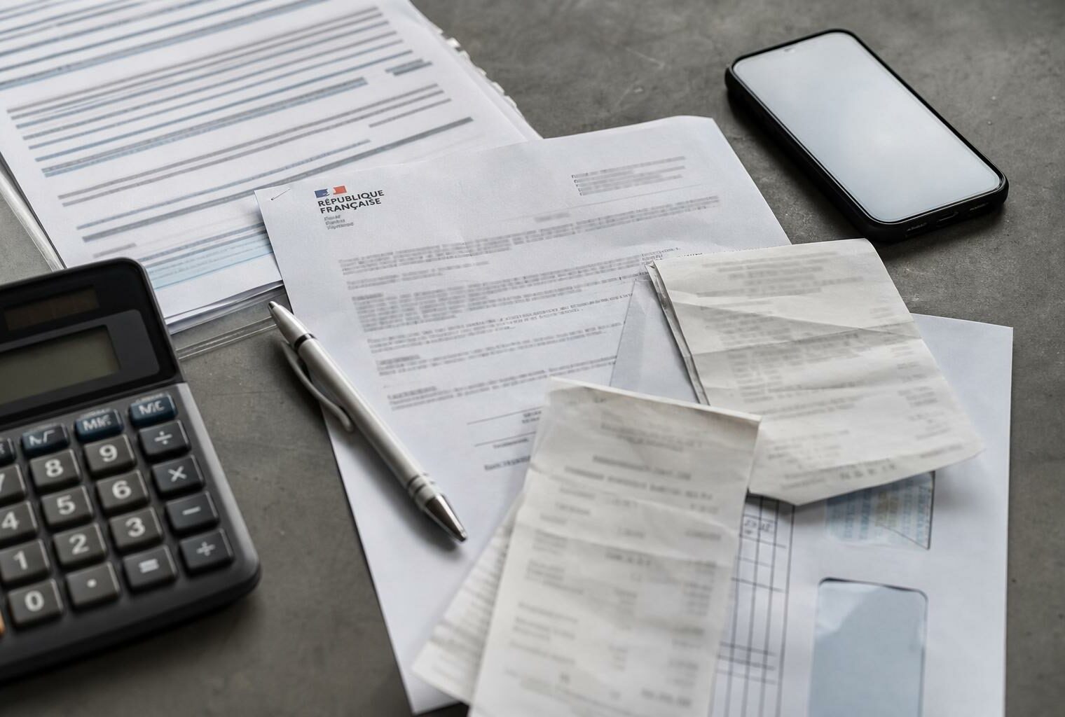 Vue de dessus d’un bureau administratif avec factures, calculatrice et document officiel français sur les aides au carburant