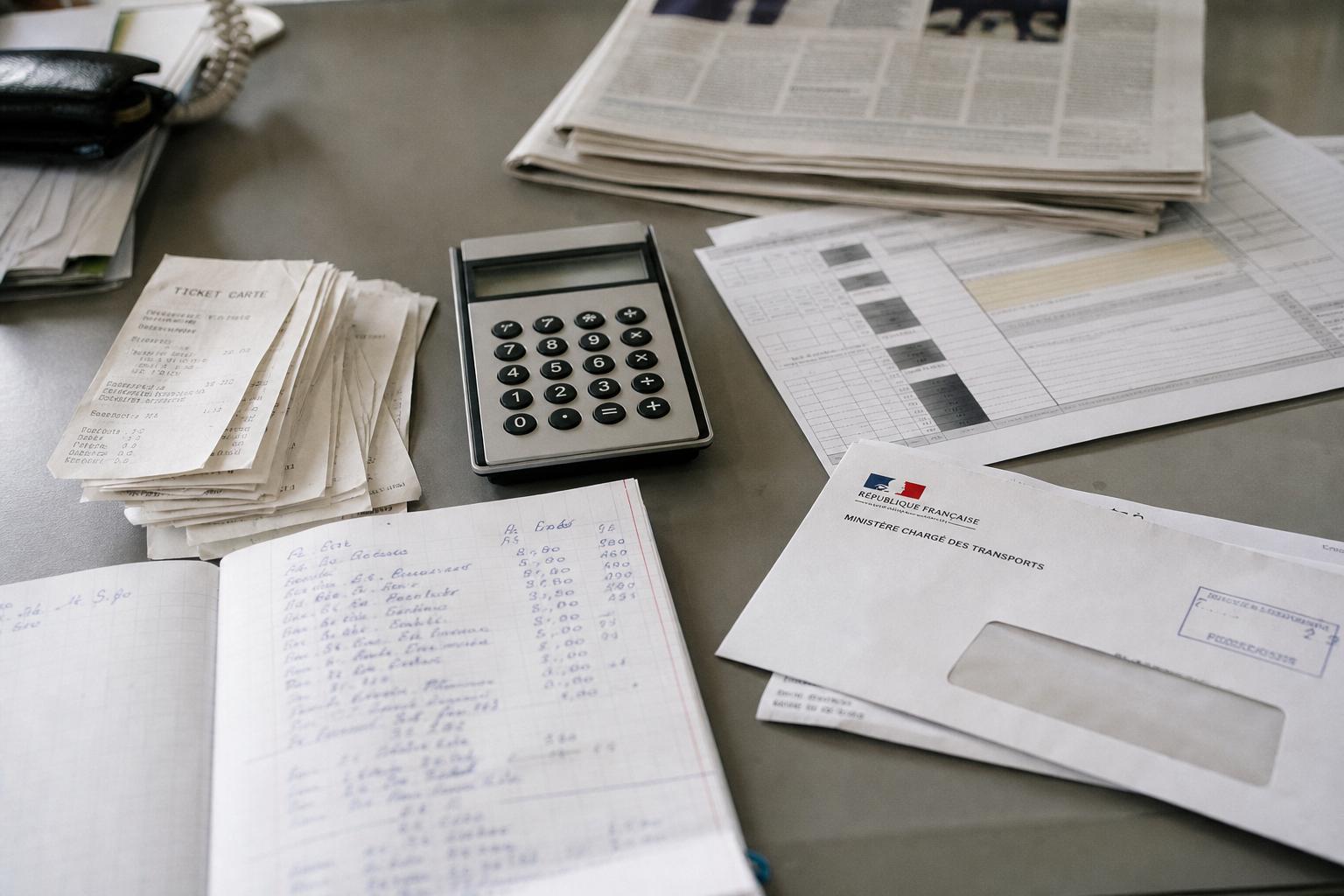 Flat lay editorial showing fuel receipts, calculator and French administrative papers illustrating targeted carburant aid