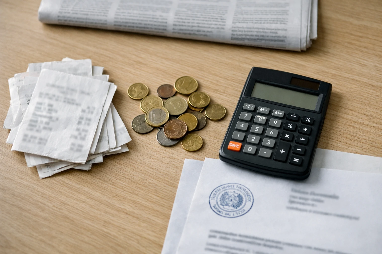 Flat lay editorial sur les aides carburants avec reçus de carburant, pièces, calculatrice et document administratif français